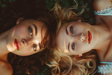 Two beautiful young women relaxing, lying on the lawn with their heads together close-up