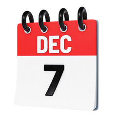 December 7 date displayed on stylized three-dimensional flip calendar icon isolated on transparent background. 3D rendering