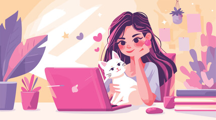 Beautiful young woman with cute cat using laptop at