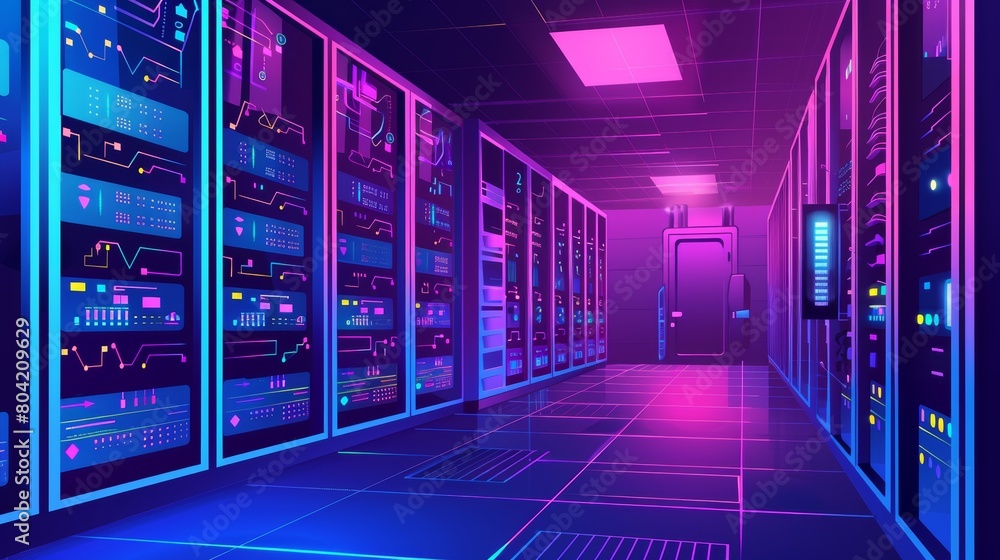 Poster an alien team working in a spaceship's data center. blockchain cube and cloud storage technology sol