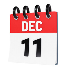 December 11 date displayed on stylized three-dimensional flip calendar icon isolated on transparent background. 3D rendering