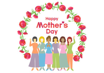 カーネーションと女性たちの母の日イラスト