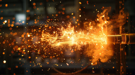 Obraz premium Dynamic image of sparks flying during a metalworking process in a dark industrial environment.