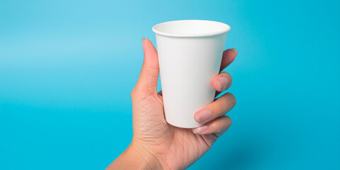 White mug with space for text. Creative and advertising concept. Idea and innovation. Graphic mockup with blue sky background.