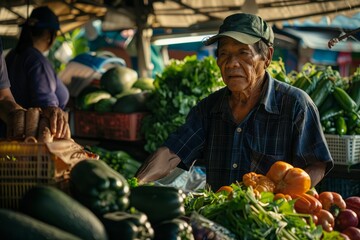A man stands before a vibrant display of fresh vegetables at a market, engaging with customers