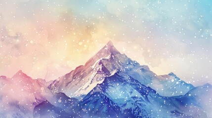 This watercolor painting shows a snowy mountain peak under a clear, starfilled sky, Clipart minimal watercolor isolated on white background