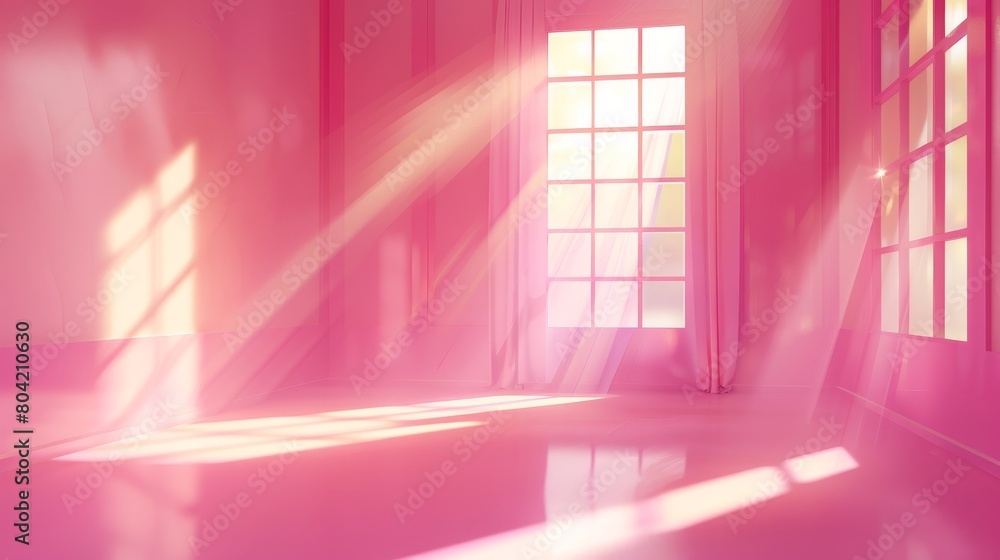 Poster Pink background in studio room with window light. Modern pastel backdrop with space perspective view. Minimal gradient scene mockup design template for showroom banner and sunlight.