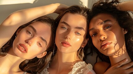 Obraz premium Three women with different skin tones and features are posing for a photo