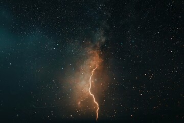 A long exposure shot capturing a single lightning bolt illuminating the dark night sky filled with stars