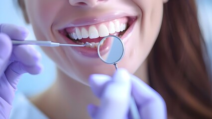A woman smiling in a mirror after a dental appointment. Concept Dental Appointments, Self-Reflection, Smiling, Confidence Boost, Personal Care