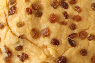 Homemade dough with raisins as background, top view