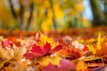 Colorful autumn leaves scattered on the ground with a blurred background of trees and sunlight