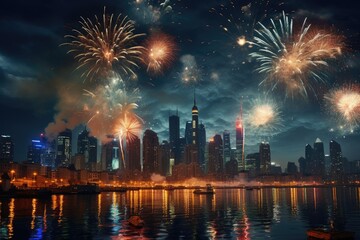 Cityscape during a festival with fireworks in the sky.