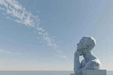 A marble statue of a man stares out at the ocean - obrazy, fototapety, plakaty