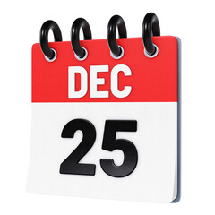 December 25 date displayed on stylized three-dimensional flip calendar icon isolated on transparent background. 3D rendering