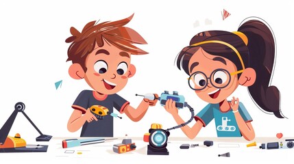 A cute cartoon illustration of cute kids learning about modern technology engineering at school playing with remote control toy bears is isolated on a white background.