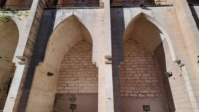Columns, arches and looking up in Son Servera's never finished church by Joan Rubio (Gaudi's assistant) Esglesia Nova, architectural wonder, Mallorca, Spain.