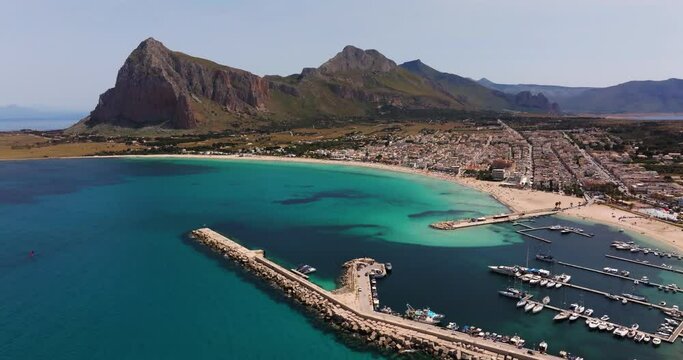 Cinematic Establishing Drone Shot Above San Vito Lo Capo in Trapani, Sicily, Italy