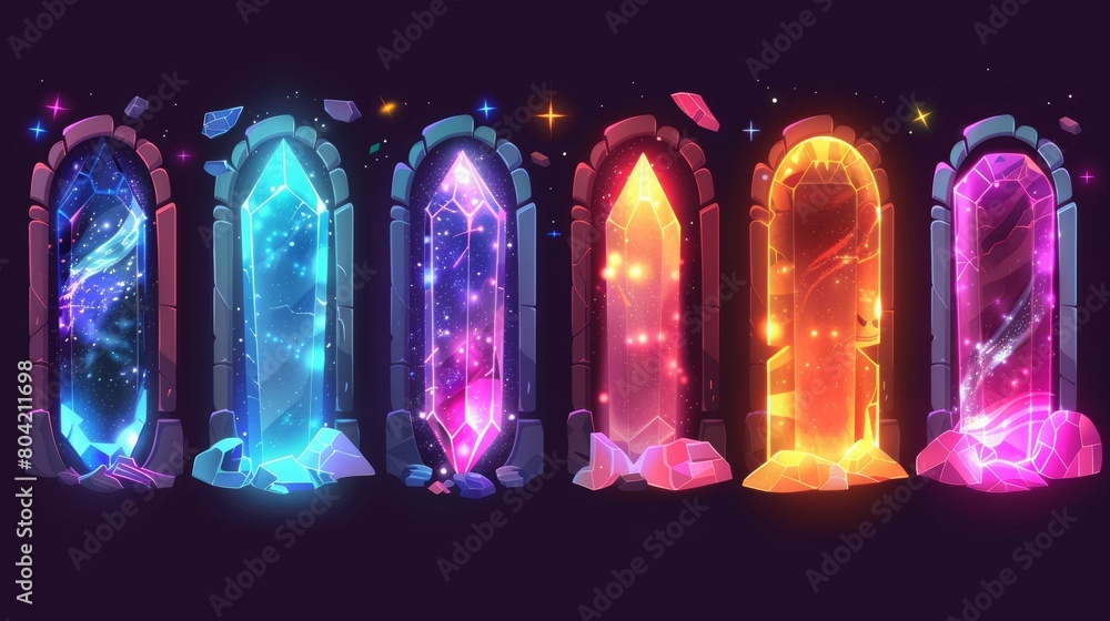 Poster animated set of stone portals with neon light inside, leading to a fantastic adventure world. game u