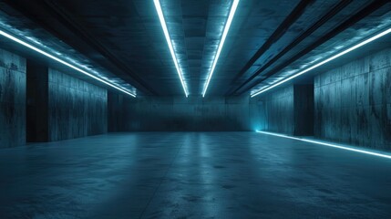 empty underground parking lot with neon lights