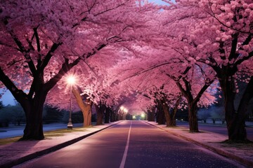 Drive through a cherry blossom-lined street at night.