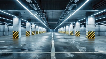 empty underground parking lot with neon lights