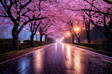 Drive through a cherry blossom-lined street at night.