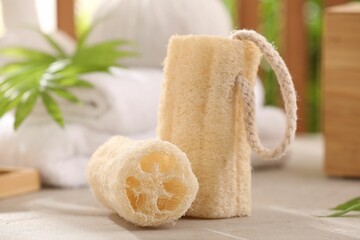 Natural loofah sponges on grey textured table