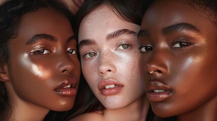 Three women with different skin tones and features are posing for a photo