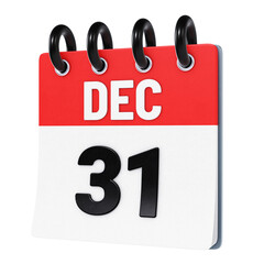December 31 date displayed on stylized three-dimensional flip calendar icon isolated on transparent background. 3D rendering