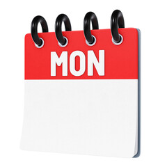 Monday weekday displayed on blank stylized three-dimensional flip calendar icon isolated on transparent background. 3D rendering