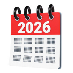 Year 2026 stylized three-dimensional flip calendar icon isolated on transparent background. 3D rendering