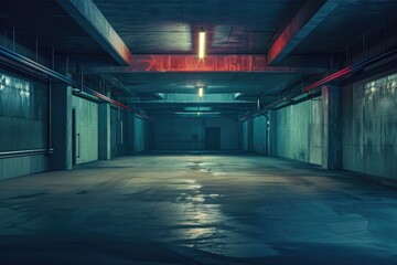 empty underground parking lot with neon lights