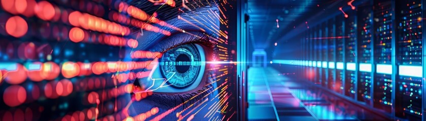 A digital eye surveys a neonlit server farm