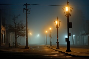 Subtle foggy night with streetlights diffused in the mist.
