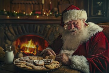 Santa Claus surprised by plate of cookies left for him on table
