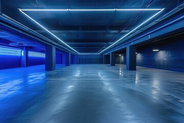 empty underground parking lot with neon lights