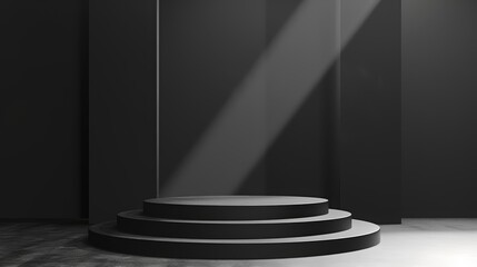 A minimalist podium in the studio focuses on functionality with a sleek black finish and multiple tiers for displaying various products