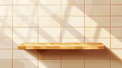 This modern illustration depicts a realistic tiled kitchen or bathroom wall with wooden shelf and shadows. It is an illustration of a natural oak table top intended for cooking, a beauty product - obrazy, fototapety, plakaty