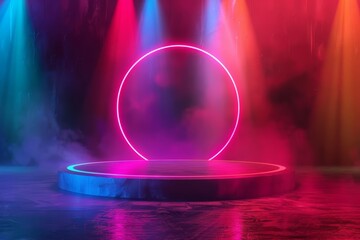 A neon podium pulsating with vibrant colors sets the stage for a lively music festival