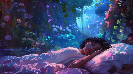 During sleep, a woman sees a sweet dream about a warrior in a magical forest. A young girl sleeps on pillow and sees a magician's fantasy garden woodland scenery with a cartoon character nearby.