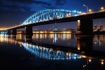 Naklejka premium Bridge over a river with reflections of city lights.