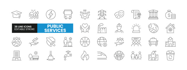 Set of 36 Public Services line icons set. Public Services outline icons with editable stroke collection. Includes Education, Transport, Energy, Trade, Sports, and More.