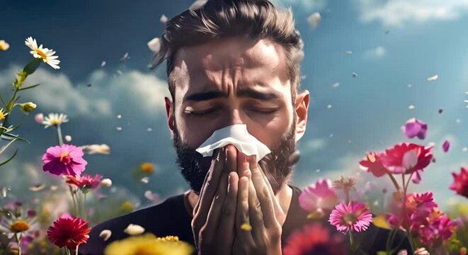 Seasonal Allergies: Man Blowing Nose in Field of Flowers. Concept Allergy Symptoms, Seasonal Pollen, Sneezing, Hay Fever, Outdoor Environment