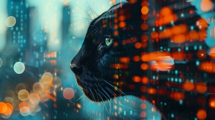 business graphs and panther, cat in city, dark portrait one animal illuminated. Double exposure 