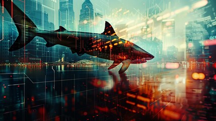 business graphs and shark, shark in city, built structure dusk danger urban skyline finance. Double exposure 
