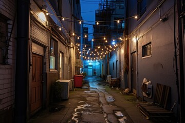 Urban alleyway with string lights overhead.