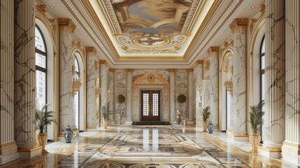 Obraz premium An opulent marble foyer with a hand-painted ceiling and golden accents