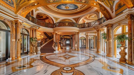 An opulent marble foyer with a hand-painted ceiling and golden accents