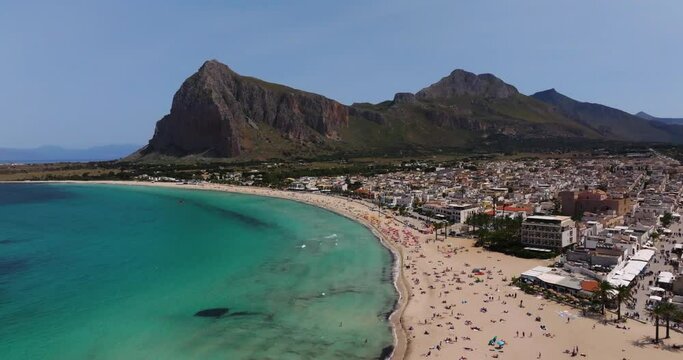 Cinematic Drone Shot Above San Vito Lo Capo. Sicily Tourist Destination. Ascending Boom View